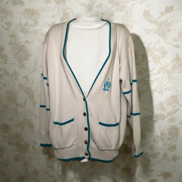 Michel Sport Unisex Knitted Preppy Cream Cardigan Size Medium Vintage - Picture 1 of 6